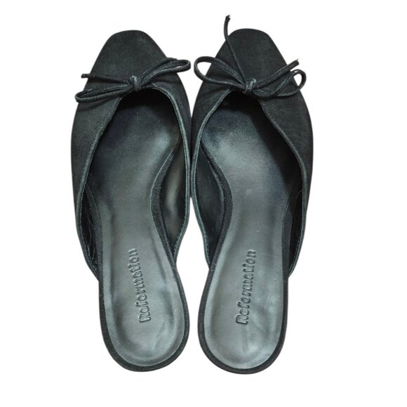 Reformation Black Suede Bow Loafers Women’s Size 5.5 Square Toe Slip-On - Picture 8 of 11